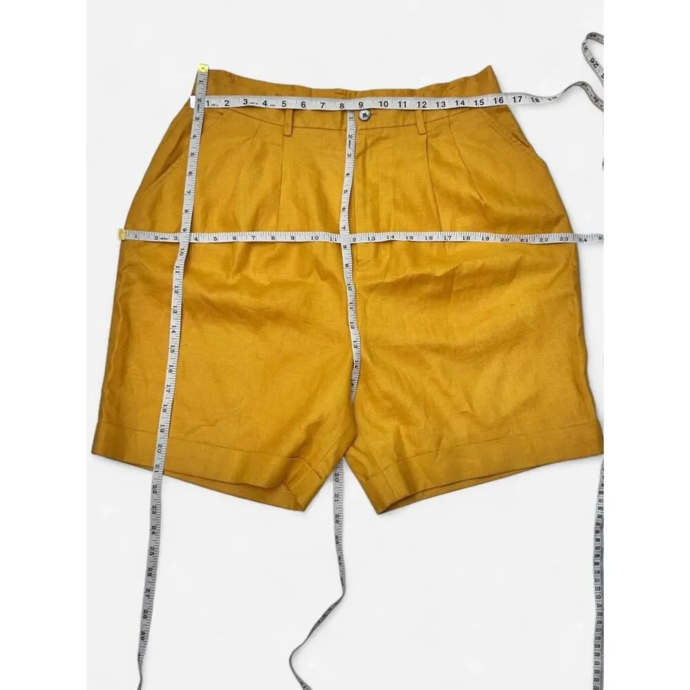 Vintage Classiques Mustard Yellow Marigold High Waist Linen Shorts with Pockets - Picture 4 of 5